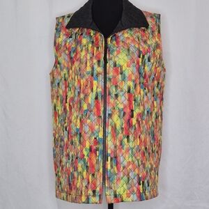 Caroline Rose Multicolor Quilted Zip Front Oversized Vest w/ Pockets - Size M